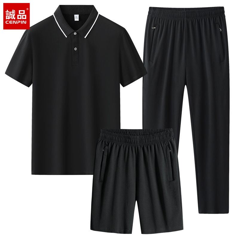 100% Cotton Set: High-End Business-Casual Polo Shirt, Collared Short-Sleeve Shirt, and Lightweight Pants—3-Piece Sports Set