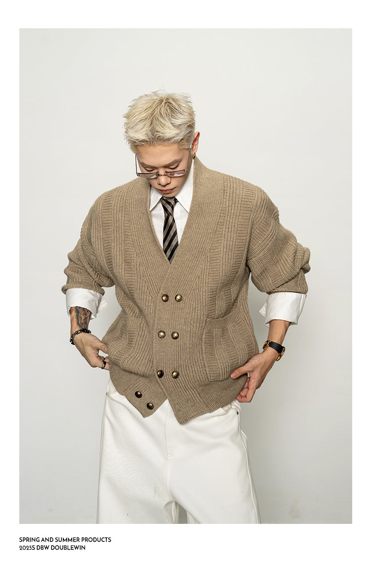 Oversized Double-Breasted Knit Cardigan – V-Neck