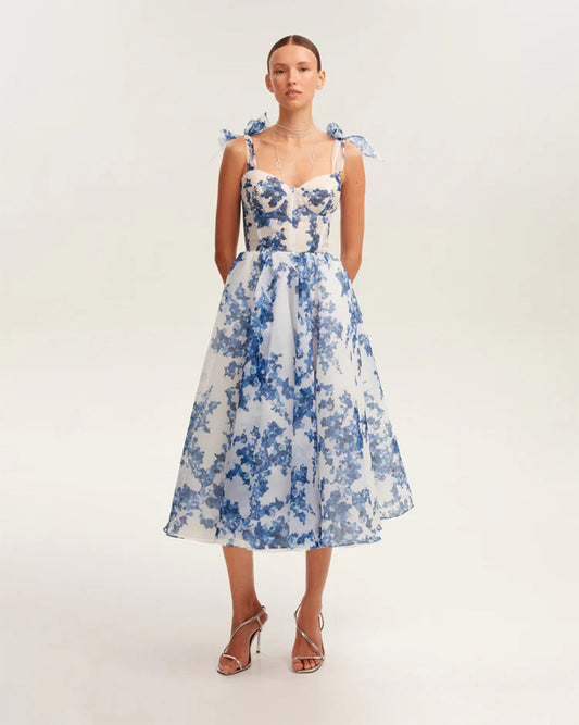 Tender floral midi tie-strap dress