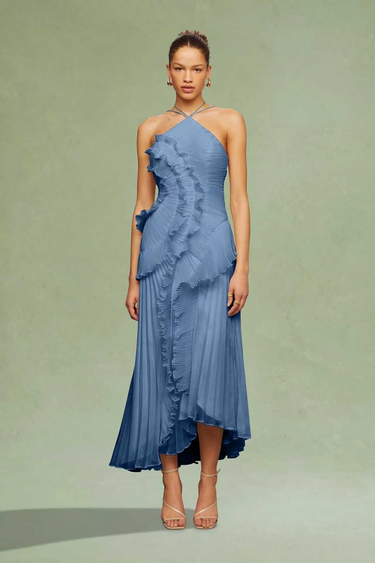 🥇Ethereal Asymmetric Halter Pleated Maxi Dress