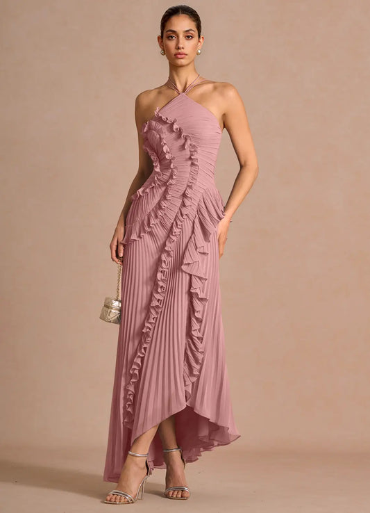 🥇Ethereal Asymmetric Halter Pleated Maxi Dress
