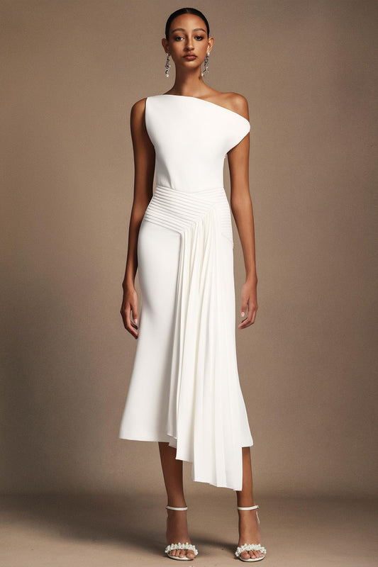 Oblique Shoulder Sleeveless Folds Midi Dress