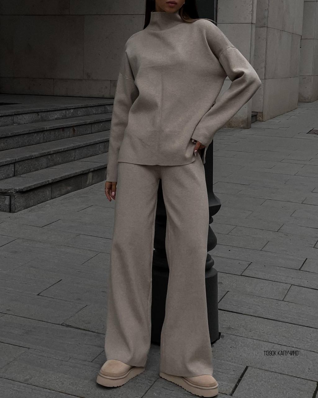 Cozy Chic Knit Set – Split-Hem Top & Wide-Leg Pants