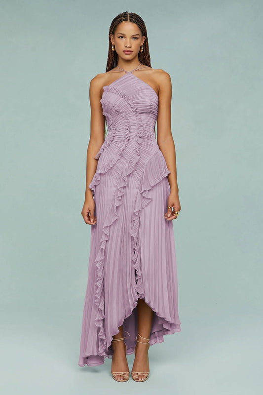 🥇Ethereal Asymmetric Halter Pleated Maxi Dress