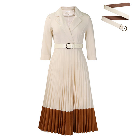 Power & Poise — Chic Suit-Collar Pleated Dress for Work & Beyond