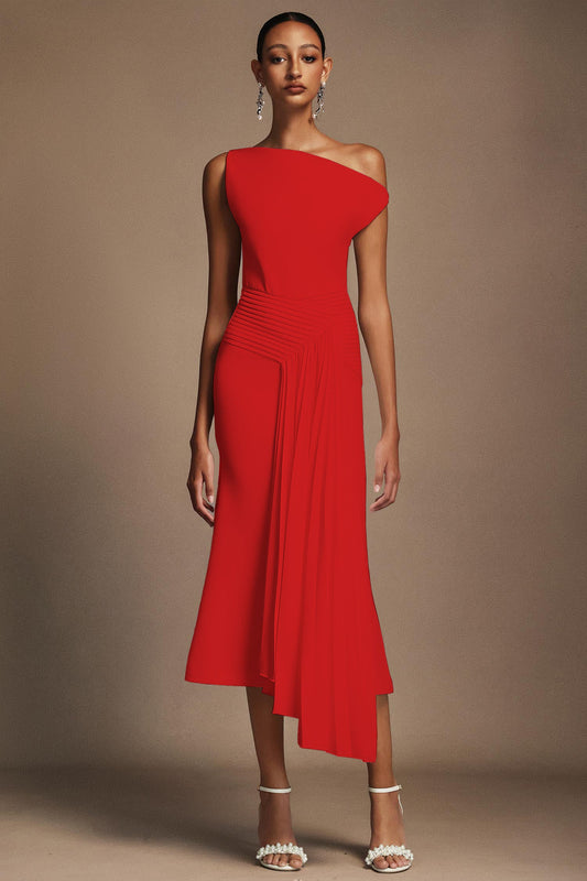 Oblique Shoulder Sleeveless Folds Midi Dress