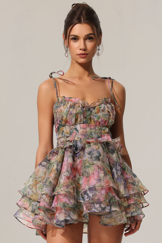 Hester Sleeveless V-Neck Lacing Flounce Mini Dress