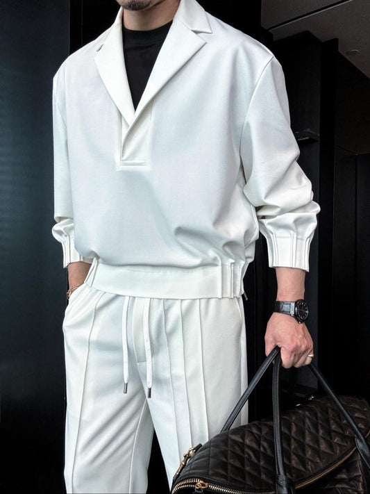 Premium Minimalist V-Neck Men’s Solid-Color Shirt Set | Business Casual Two-Piece Outfit