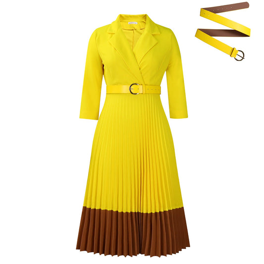 Power & Poise — Chic Suit-Collar Pleated Dress for Work & Beyond