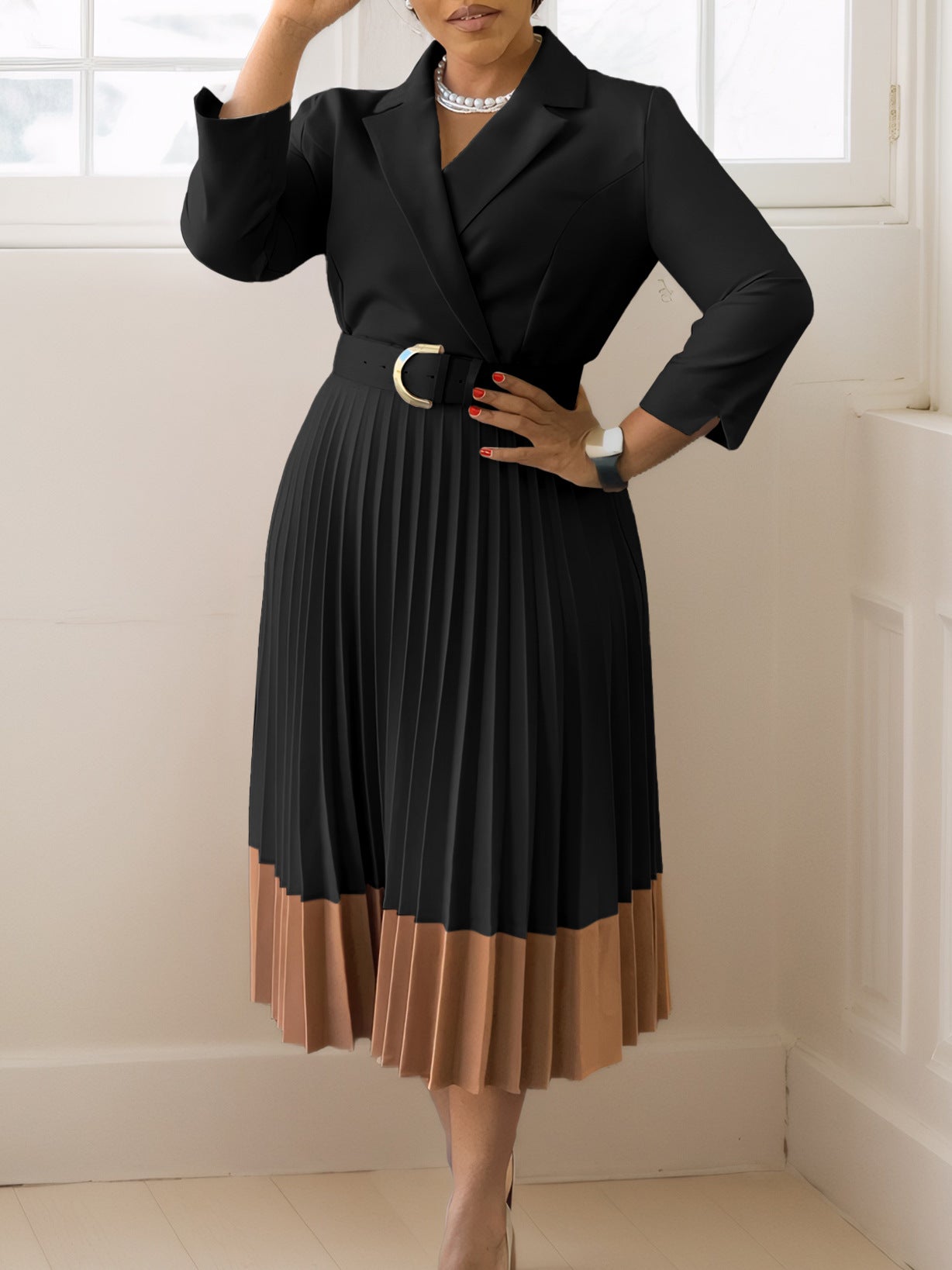 Power & Poise β Chic Suit-Collar Pleated Dress for Work & Beyond