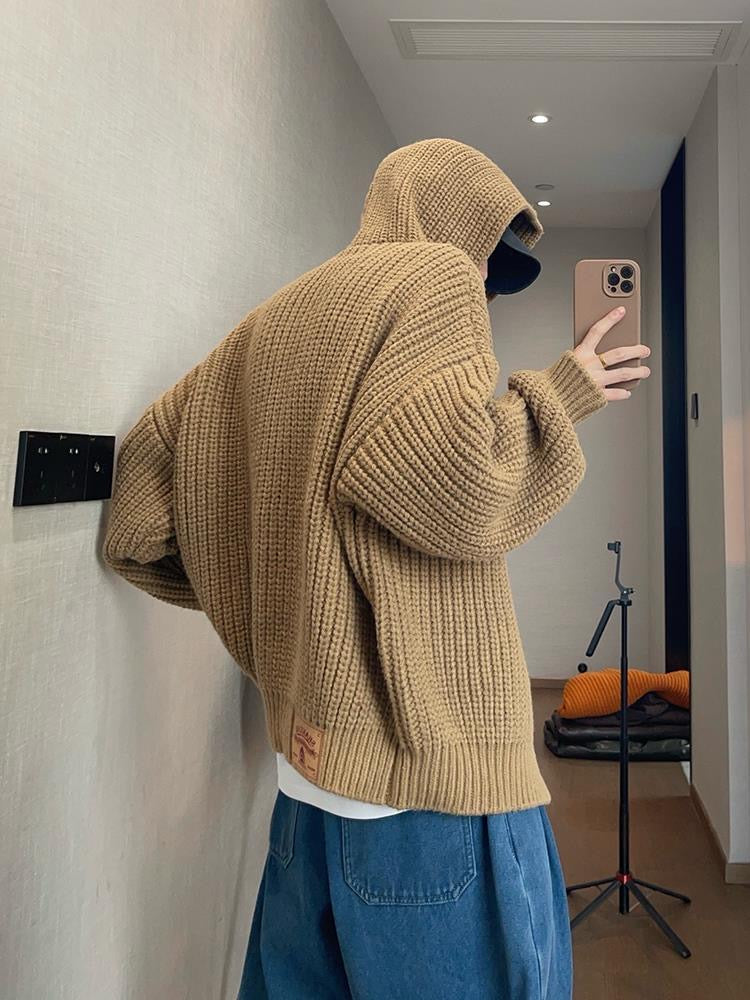 Autumn/Winter Vintage Oversized Knit Single-Button Hooded Sweater Jacket