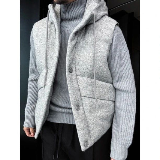 Premium Hooded Wool-Blend Vest with Leather Trim