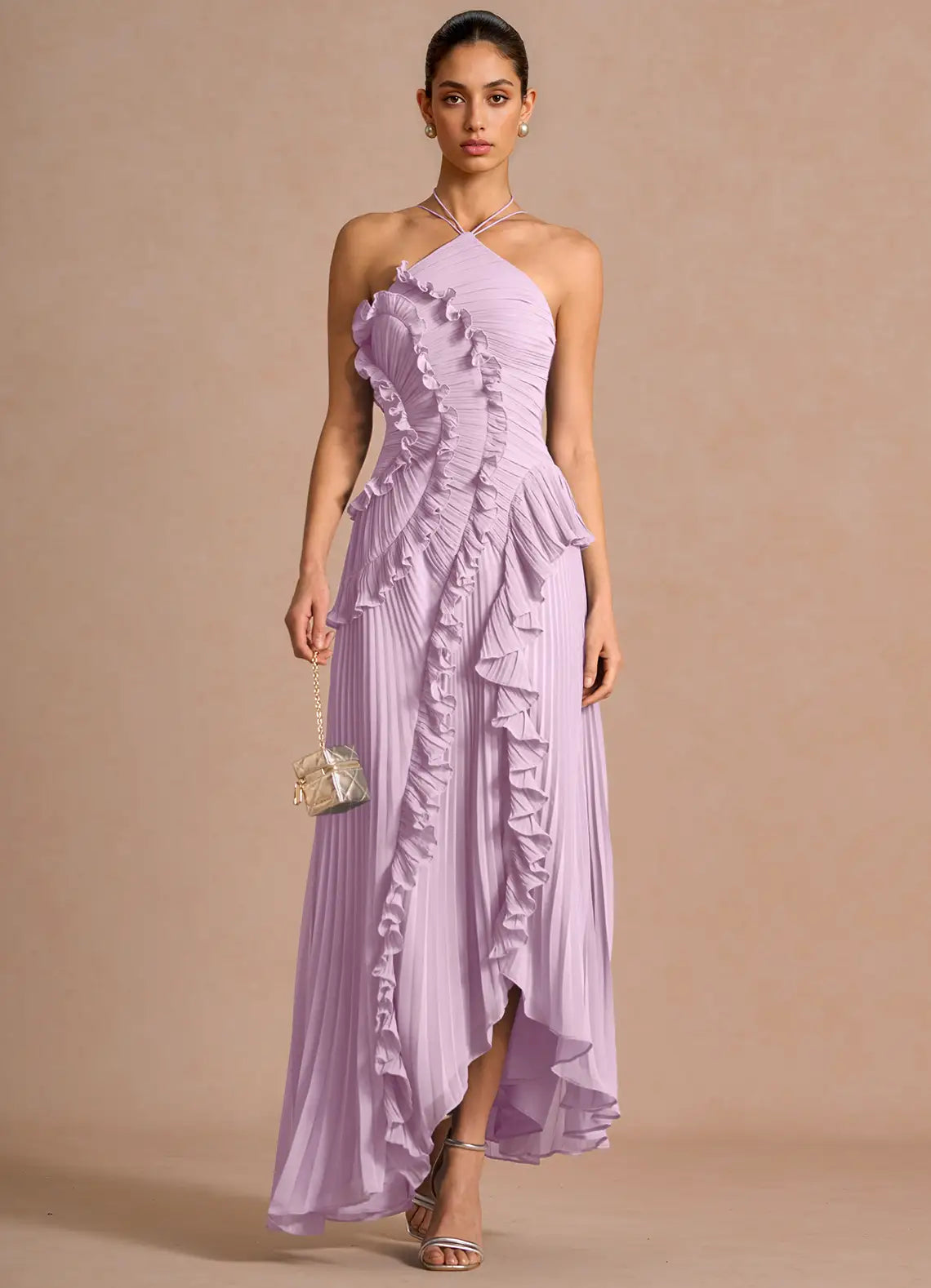 🥇Ethereal Asymmetric Halter Pleated Maxi Dress
