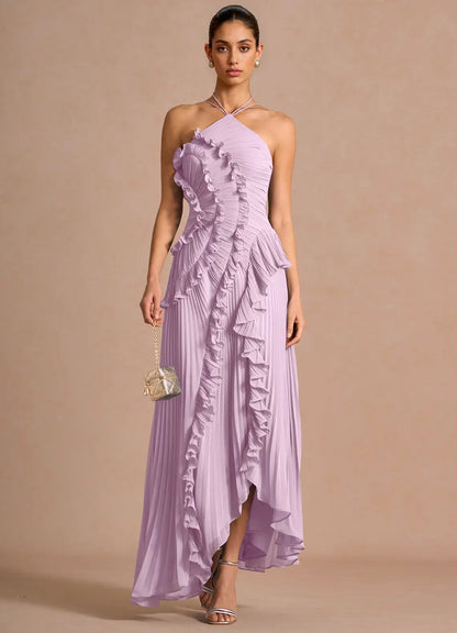 🥇Ethereal Asymmetric Halter Pleated Maxi Dress