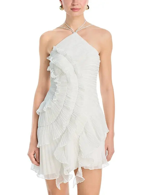 Ethereal Ruffled Halter Pleated Mini Dress