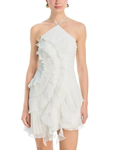 Ethereal Ruffled Halter Pleated Mini Dress