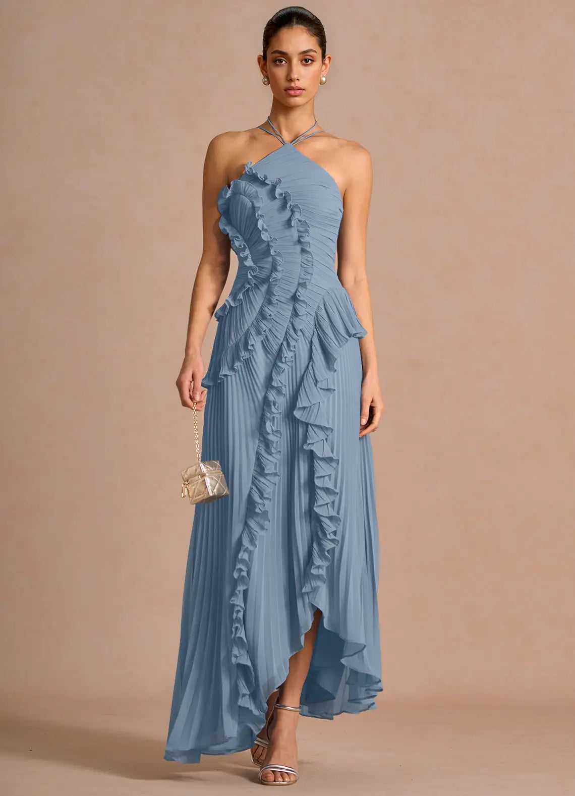 🥇Ethereal Asymmetric Halter Pleated Maxi Dress