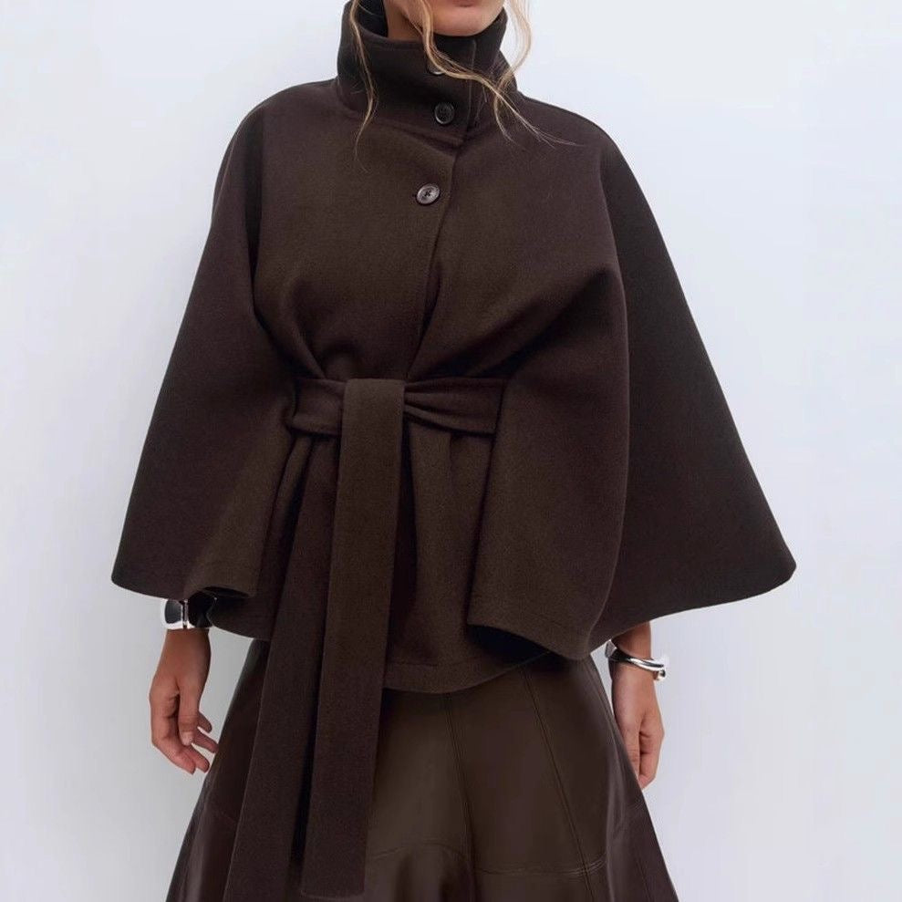 Women’s Wool Belted Trench Coat with Cape Collar