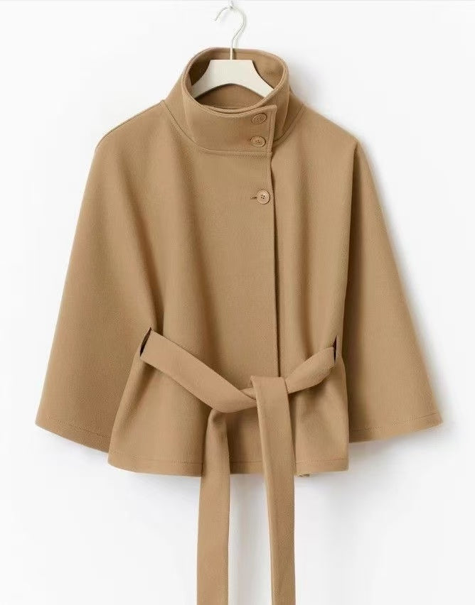 Women’s Wool Belted Trench Coat with Cape Collar