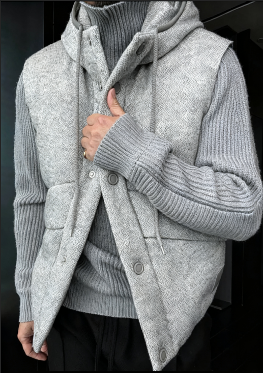 Premium Hooded Wool-Blend Vest with Leather Trim