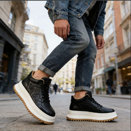 Handcrafted Vintage Cowhide High-Top Versatile Breathable Casual Chunky-Sole Sneakers