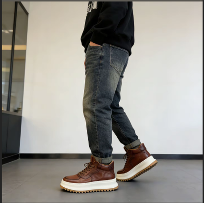 Handcrafted Vintage Cowhide High-Top Versatile Breathable Casual Chunky-Sole Sneakers