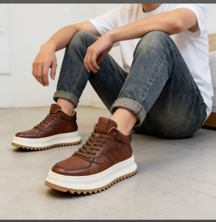 Handcrafted Vintage Cowhide High-Top Versatile Breathable Casual Chunky-Sole Sneakers