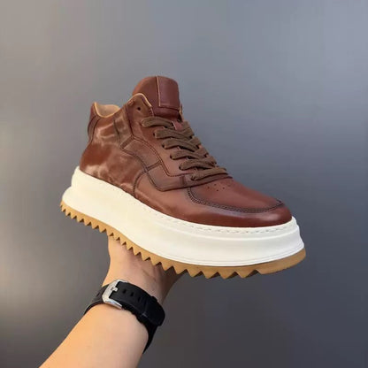Handcrafted Vintage Cowhide High-Top Versatile Breathable Casual Chunky-Sole Sneakers