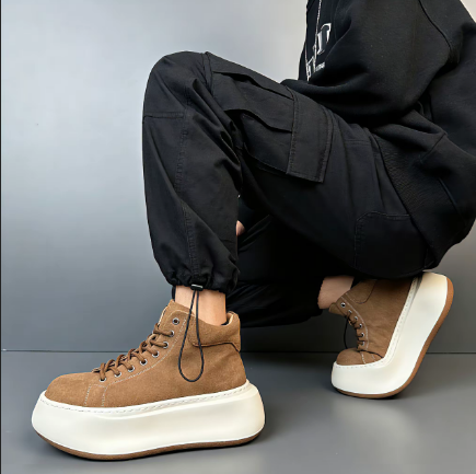 Fashionable Genuine Leather Chunky Sole Height-Boosting Retro-Inspired Versatile High-Top Sneakers