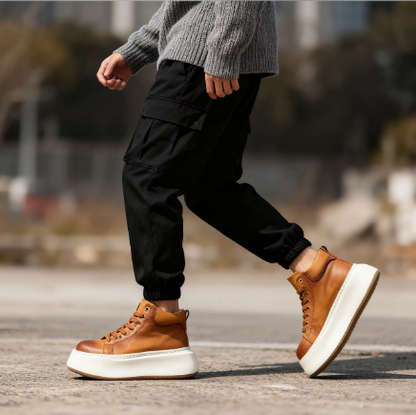 Fashionable Genuine Leather Chunky Sole Height-Boosting Retro-Inspired Versatile High-Top Sneakers