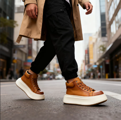 Fashionable Genuine Leather Chunky Sole Height-Boosting Retro-Inspired Versatile High-Top Sneakers