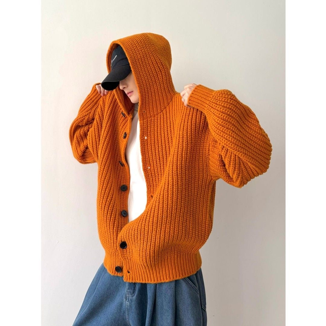 Autumn/Winter Vintage Oversized Knit Single-Button Hooded Sweater Jacket