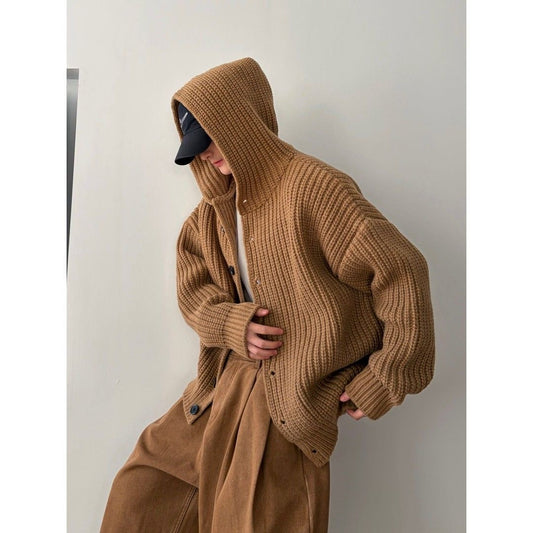 Autumn/Winter Vintage Oversized Knit Single-Button Hooded Sweater Jacket