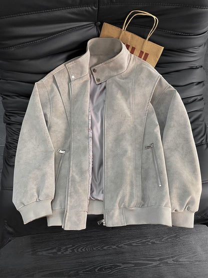 Men’s Biker Leather Jacket – Tie-Dye Matte Stand Collar