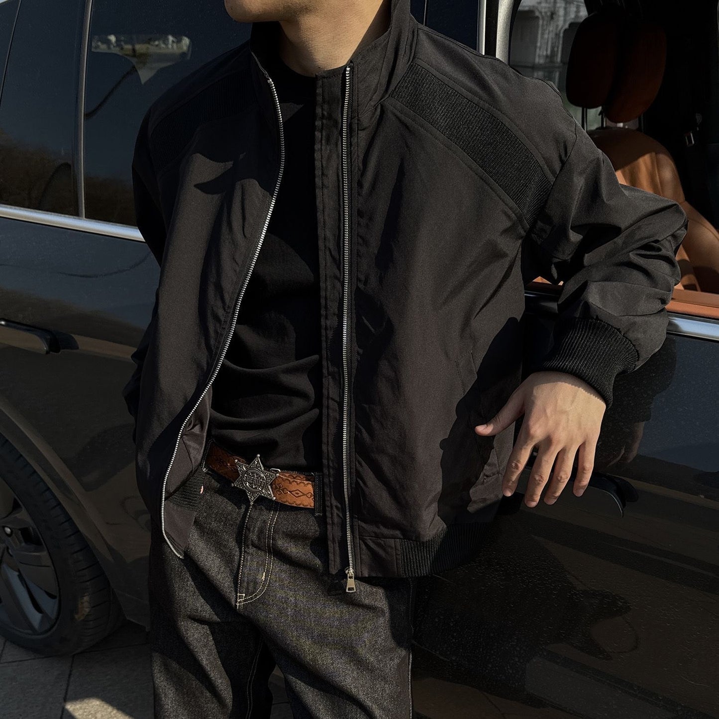 Deconstructed Vintage Aviator Jacket – Stand Collar Patchwork Design