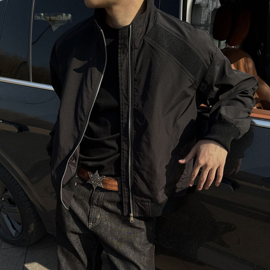 Deconstructed Vintage Aviator Jacket – Stand Collar Patchwork Design