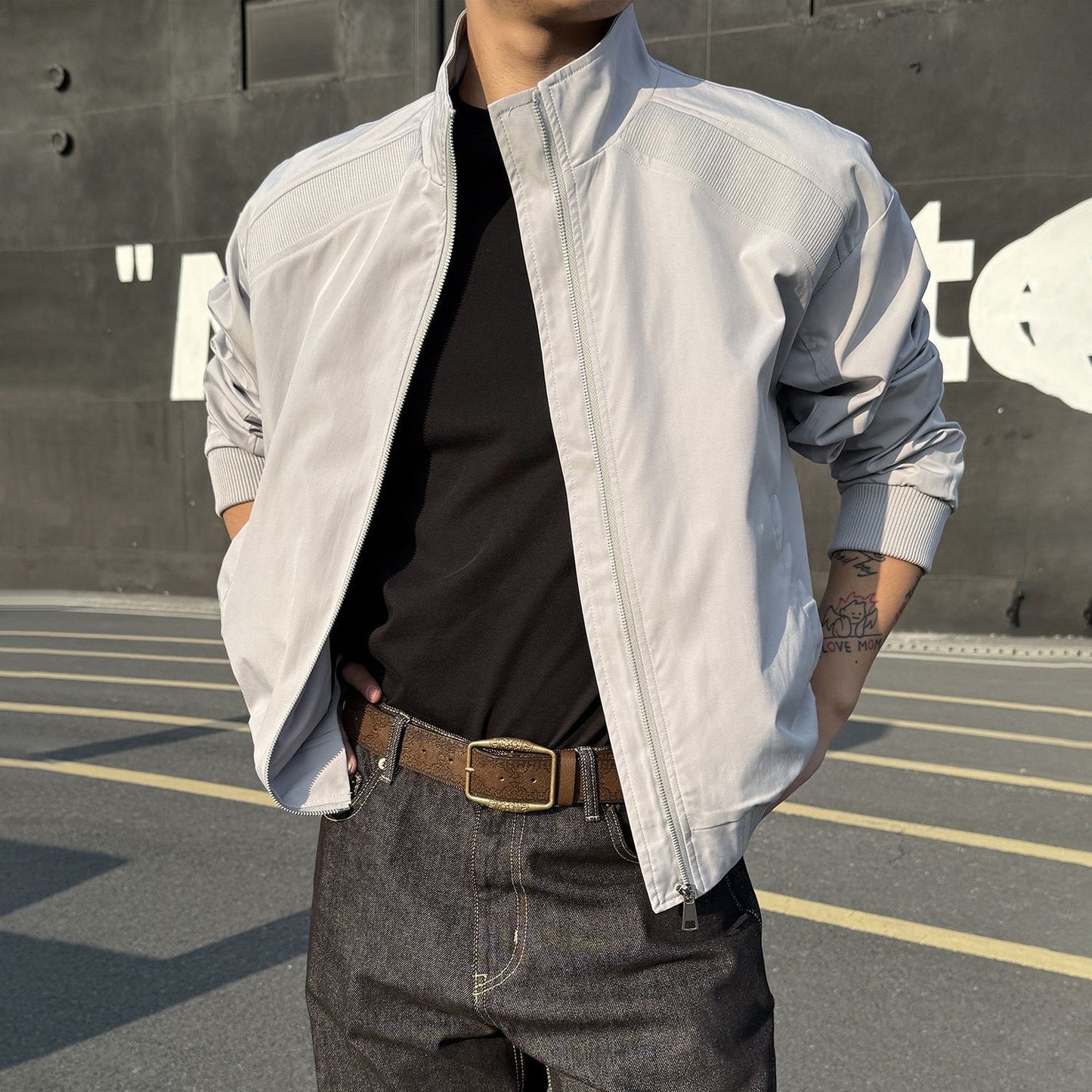 Deconstructed Vintage Aviator Jacket – Stand Collar Patchwork Design