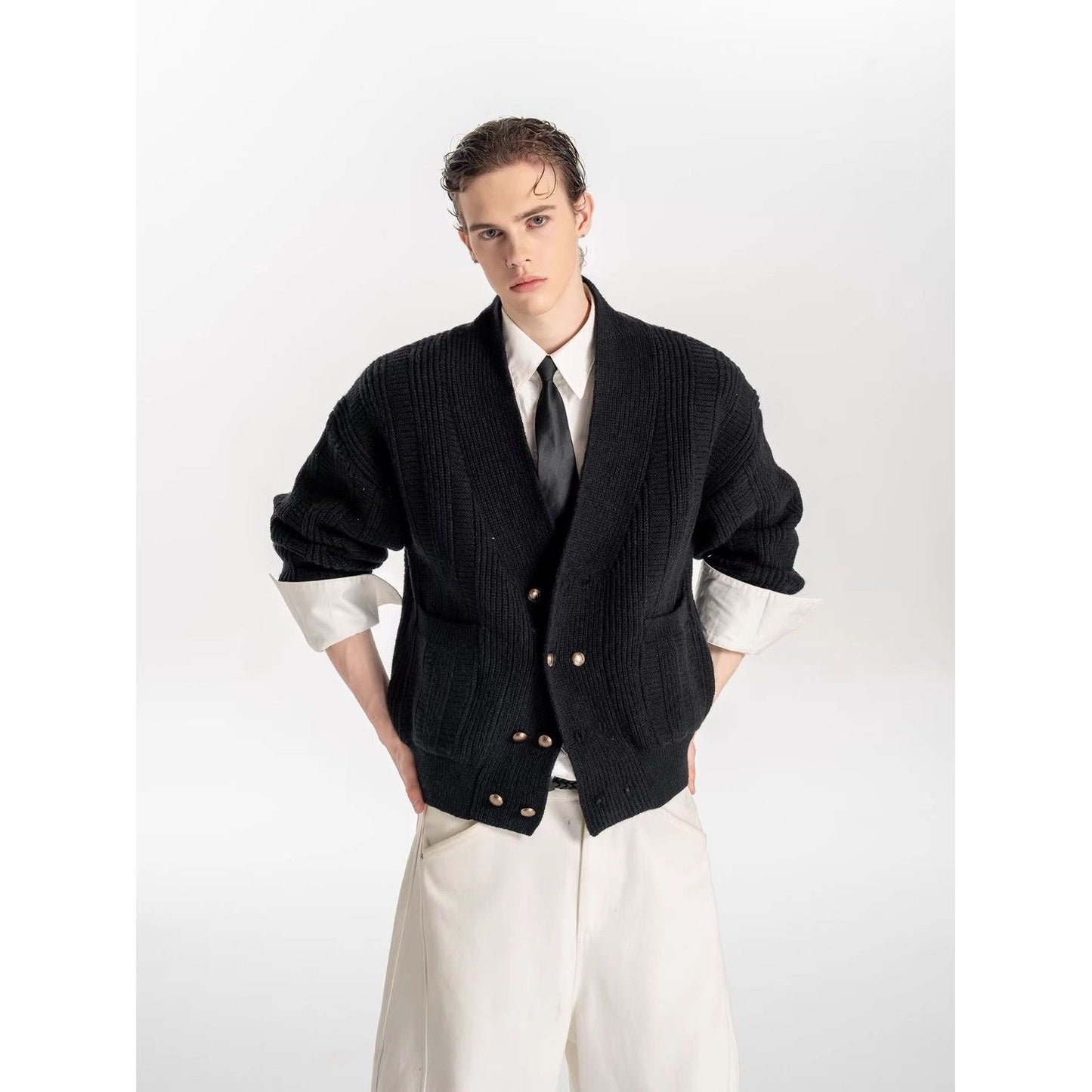 Oversized Double-Breasted Knit Cardigan – V-Neck