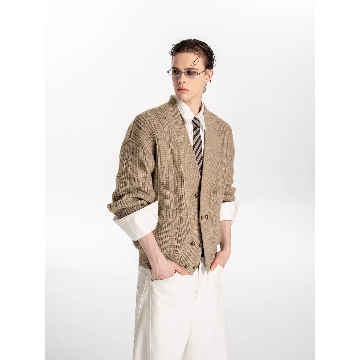 Oversized Double-Breasted Knit Cardigan – V-Neck