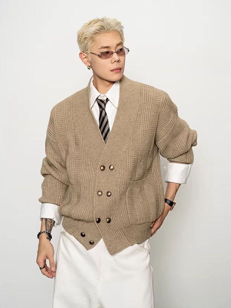 Oversized Double-Breasted Knit Cardigan – V-Neck