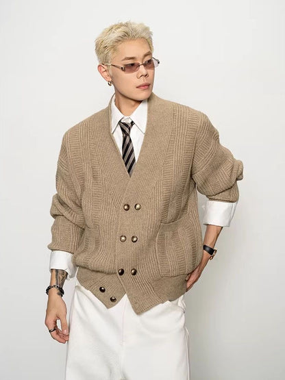 Oversized Double-Breasted Knit Cardigan – V-Neck