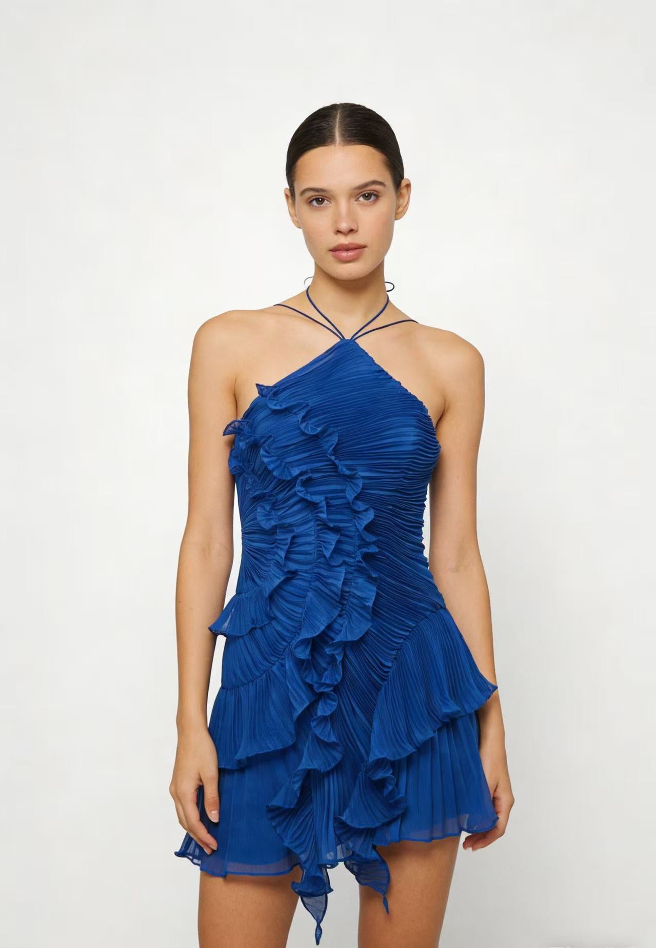 Ethereal Ruffled Halter Pleated Mini Dress