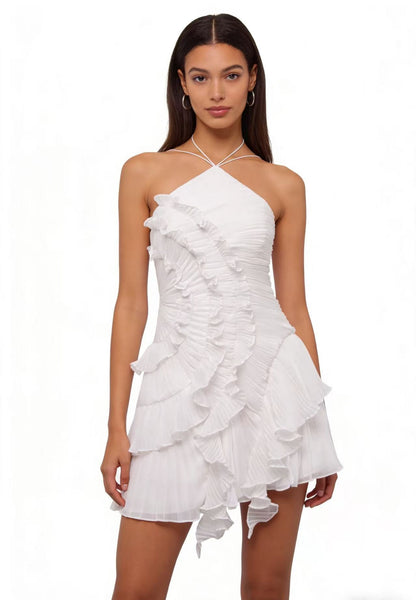 Ethereal Ruffled Halter Pleated Mini Dress