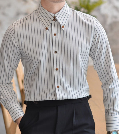 Men’s Striped Dress Shirt, Slim Fit Long Sleeve Business Shirt with Pointed Collar