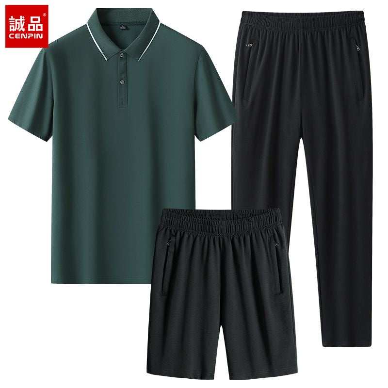 100% Cotton Set: High-End Business-Casual Polo Shirt, Collared Short-Sleeve Shirt, and Lightweight Pants—3-Piece Sports Set