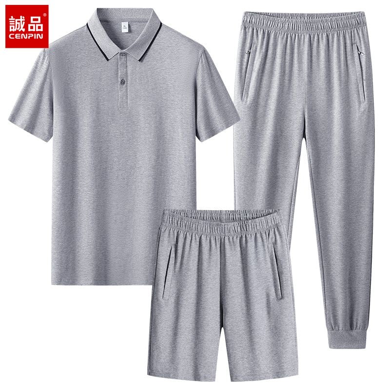 100% Cotton Set: High-End Business-Casual Polo Shirt, Collared Short-Sleeve Shirt, and Lightweight Pants—3-Piece Sports Set