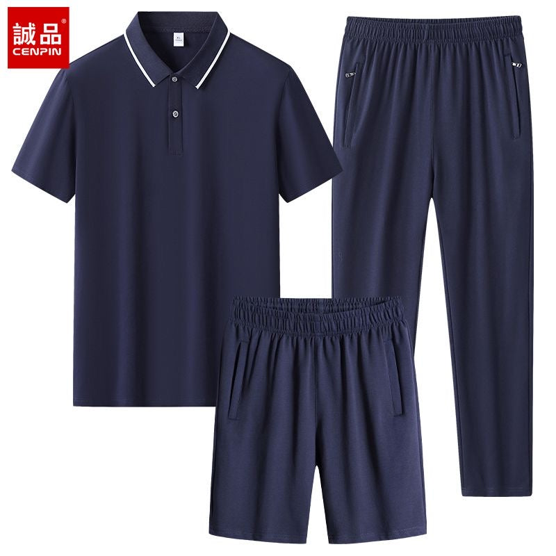 100% Cotton Set: High-End Business-Casual Polo Shirt, Collared Short-Sleeve Shirt, and Lightweight Pants—3-Piece Sports Set