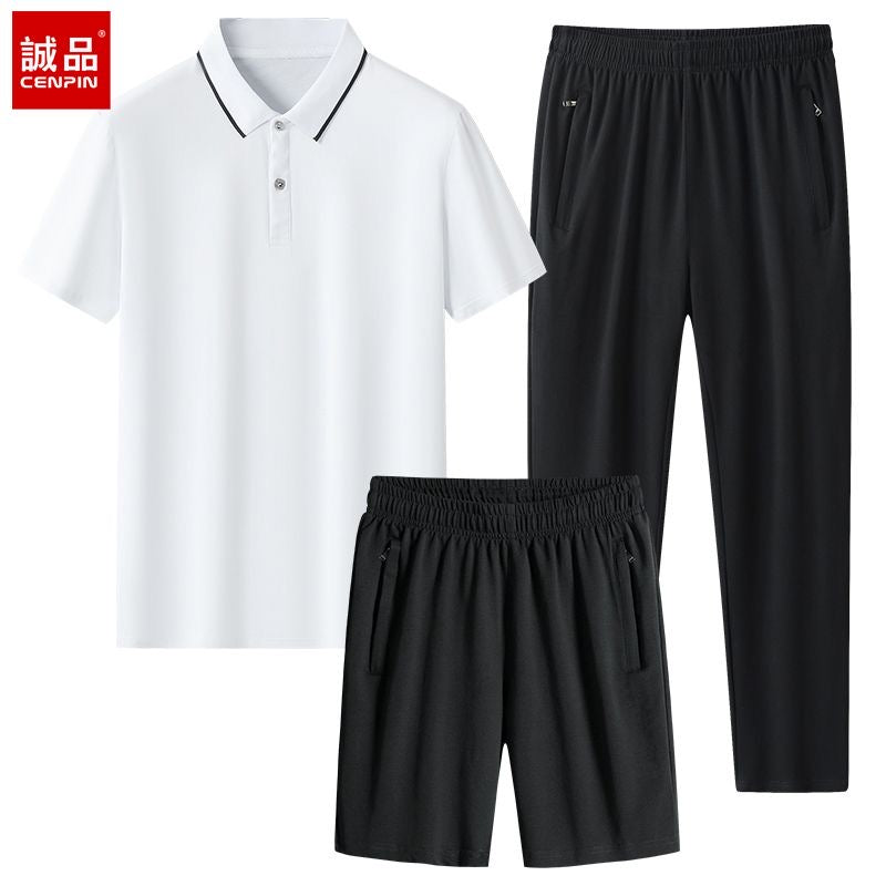 100% Cotton Set: High-End Business-Casual Polo Shirt, Collared Short-Sleeve Shirt, and Lightweight Pants—3-Piece Sports Set