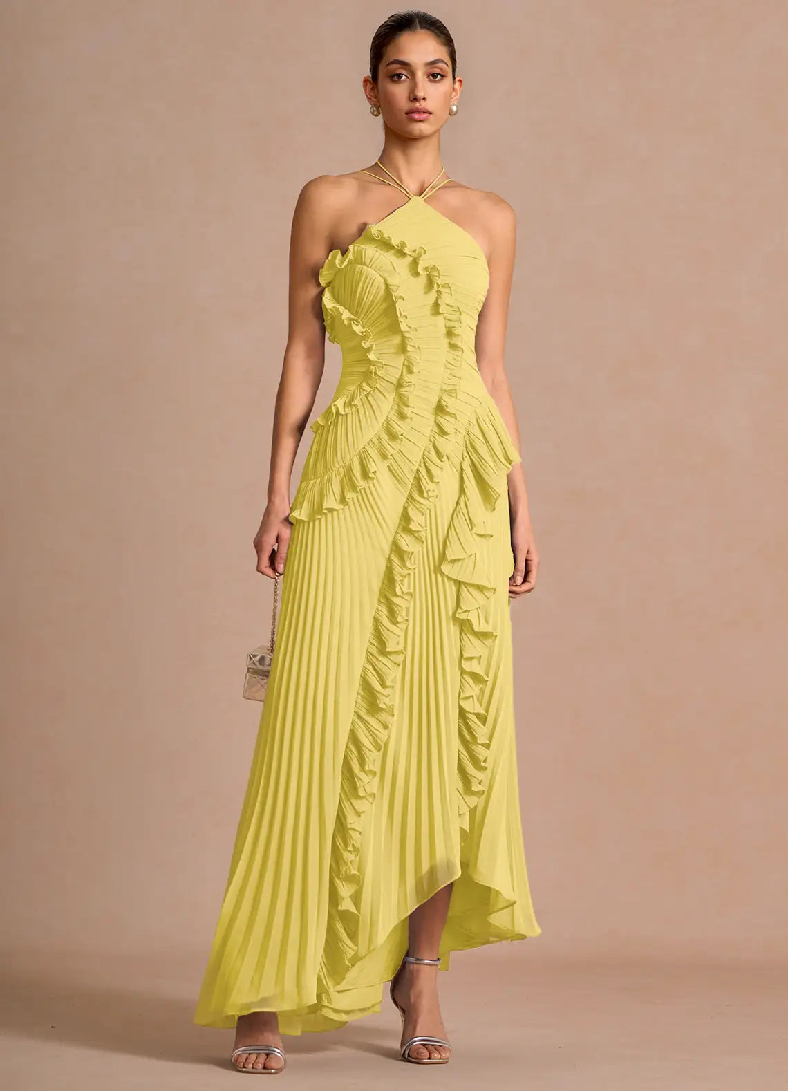 🥇Ethereal Asymmetric Halter Pleated Maxi Dress