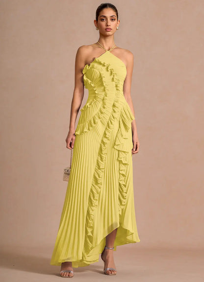 🥇Ethereal Asymmetric Halter Pleated Maxi Dress